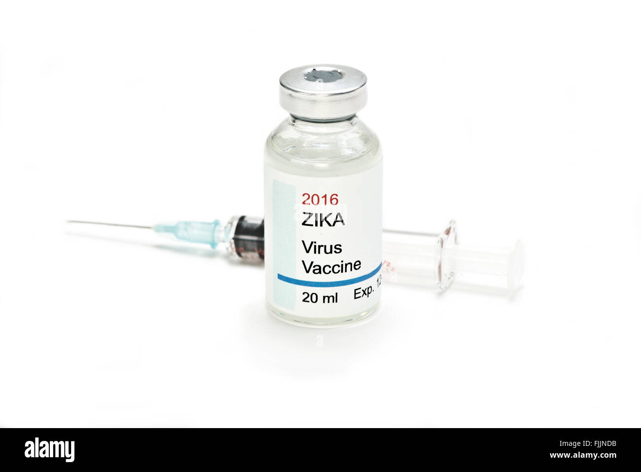 Zika fever vaccine vial with syringe.  Labels are fictitious and created by photographer. Stock Photo