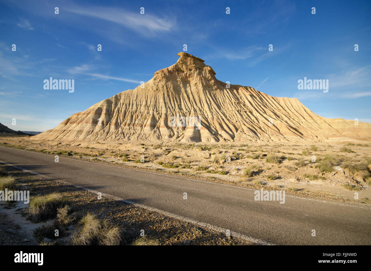 Geological formations in Las Bardenas Reales desert, Navarra, Spain. Stock Photo