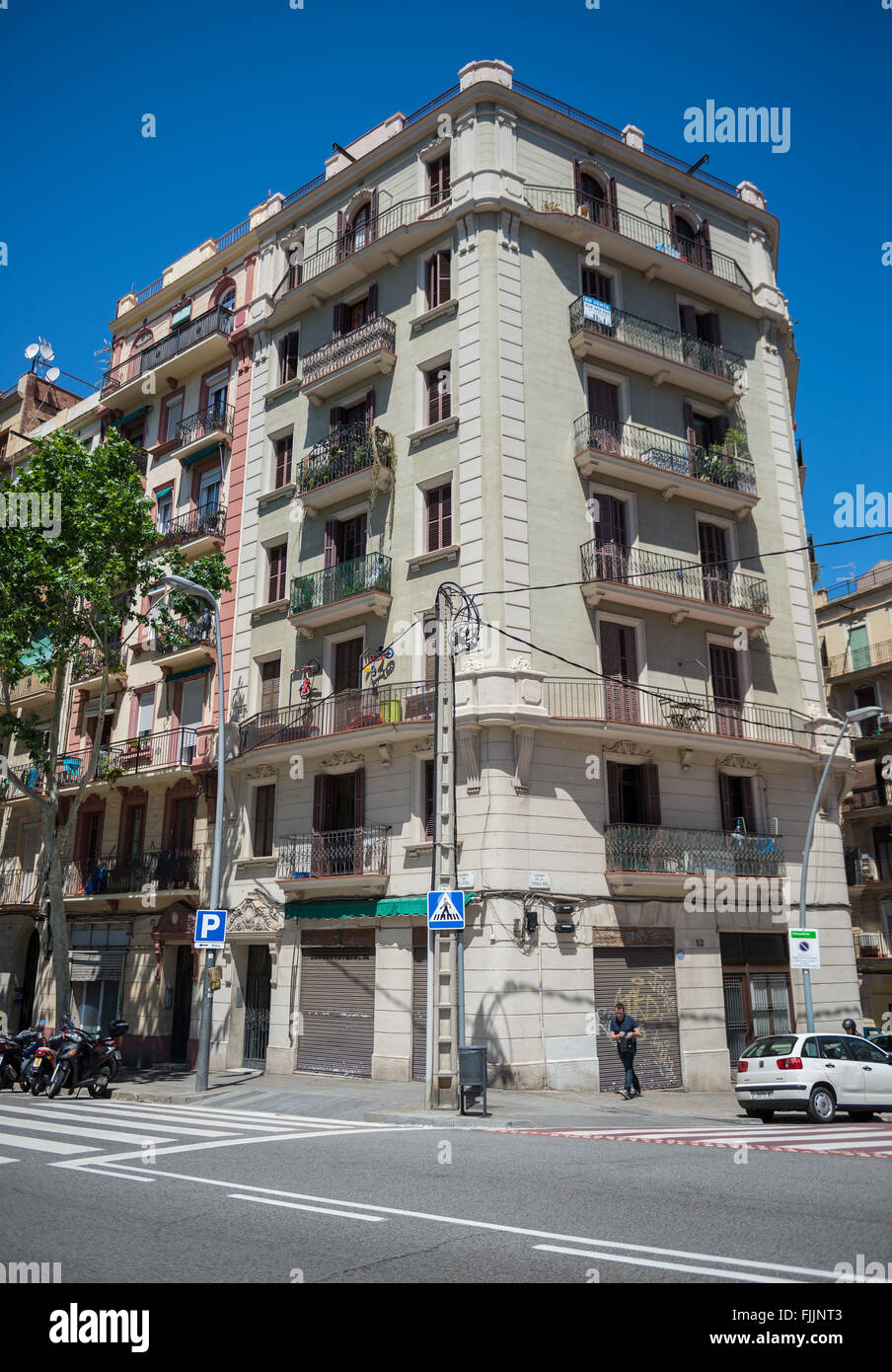 Apartment house at Carrer de Lleida street in El Poble-sec neighborhood in Sants-Montjuic district of Barcelona, Spain Stock Photo