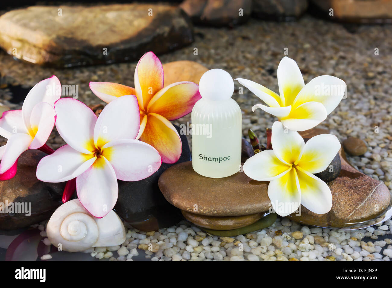 Mini set of bubble bath and shower gel decorated in zen style with