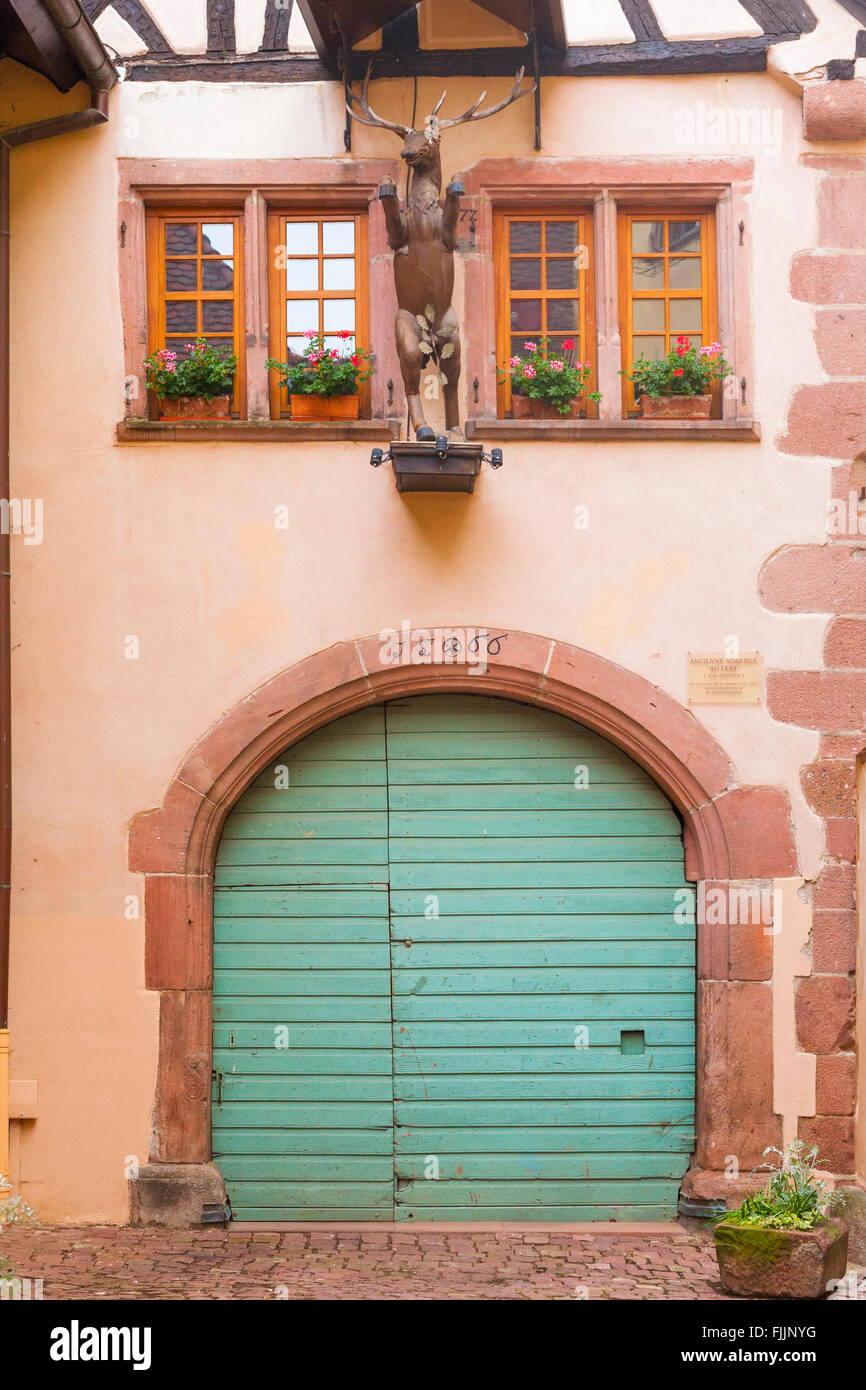 Typical facade in Riquewihr, Alsace, Haut-Rhin, France, Europe Stock Photo