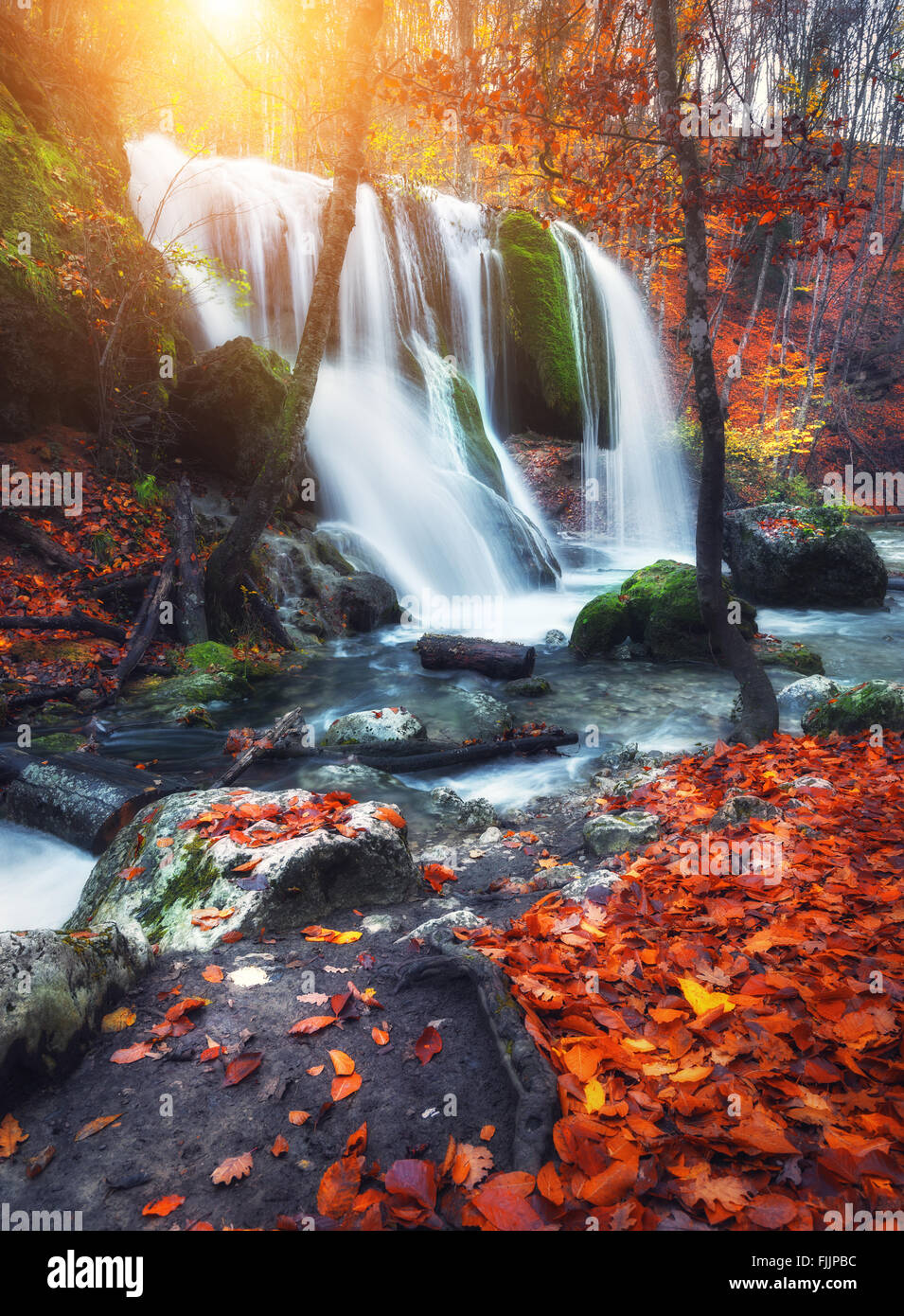 Beautiful waterfall at mountain river in colorful autumn forest with red and orange leaves at sunset. Nature landscape Stock Photo