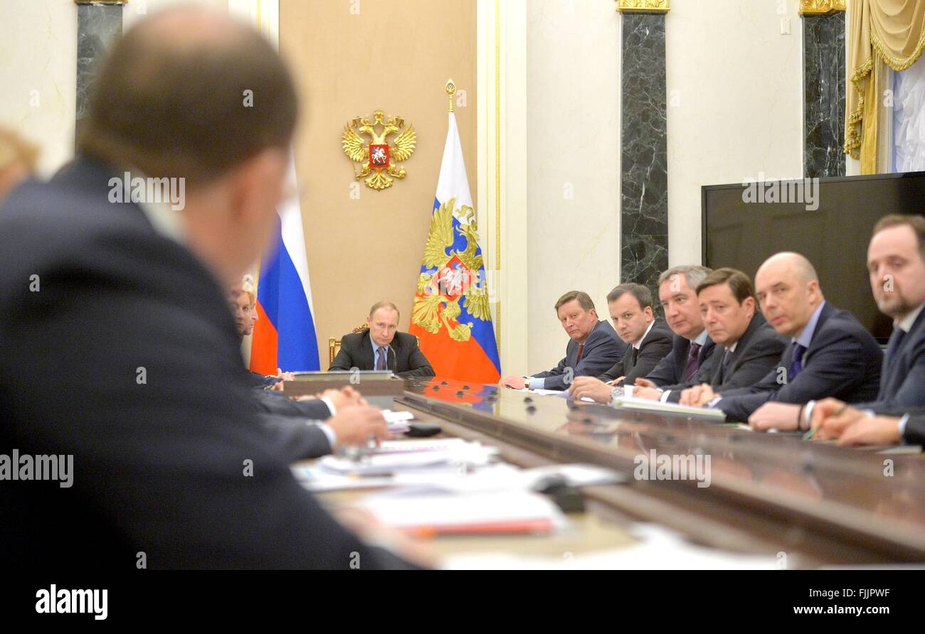 Moscow, Russia. 2nd February, 2016. Russian President Vladimir Putin holds a meeting with members of the Cabinet of Ministers at the Kremlin March 2, 2016 in Moscow, Russia. Stock Photo