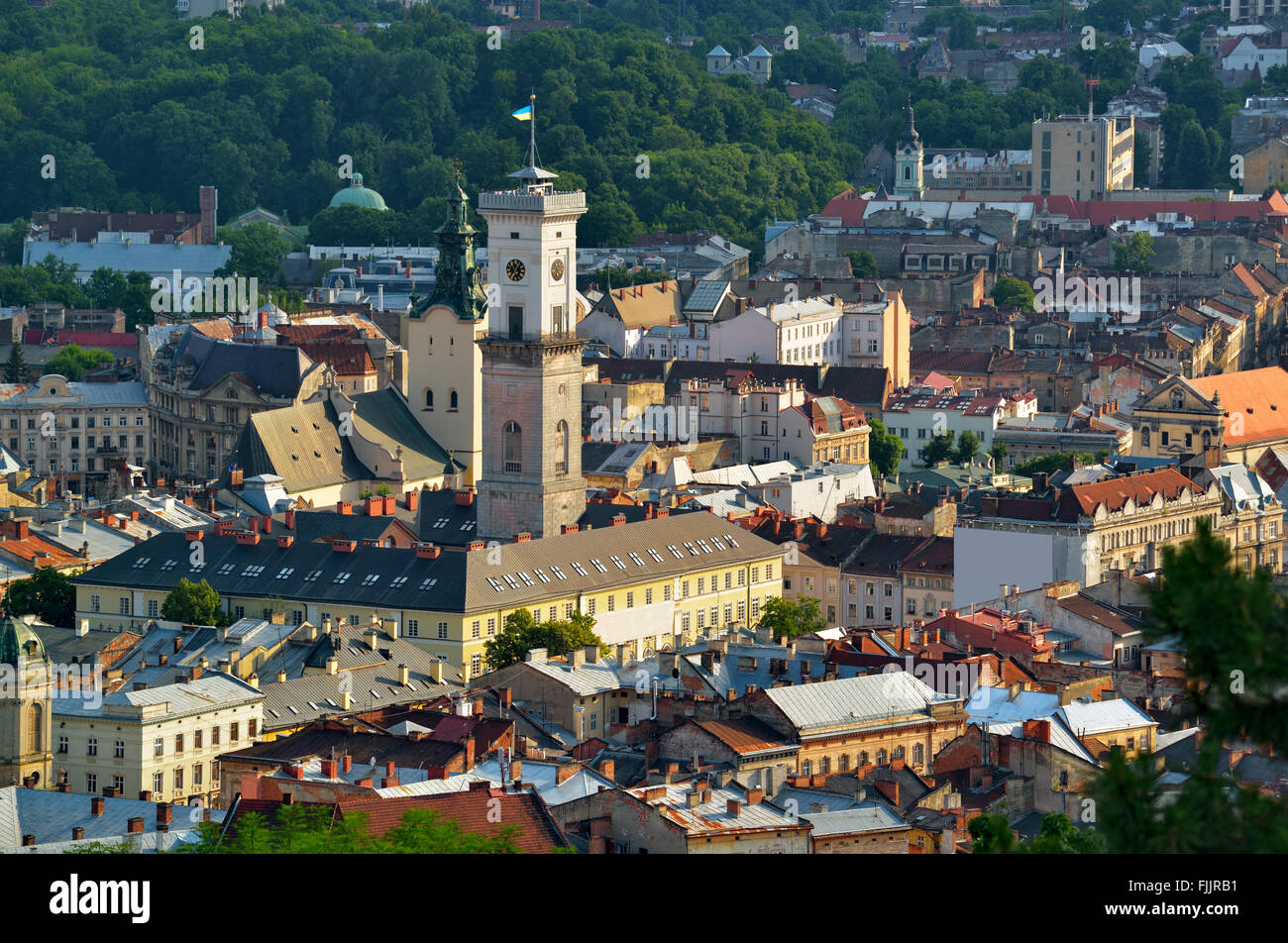 The historic city center of Lviv, old houses in the old town, Tower of