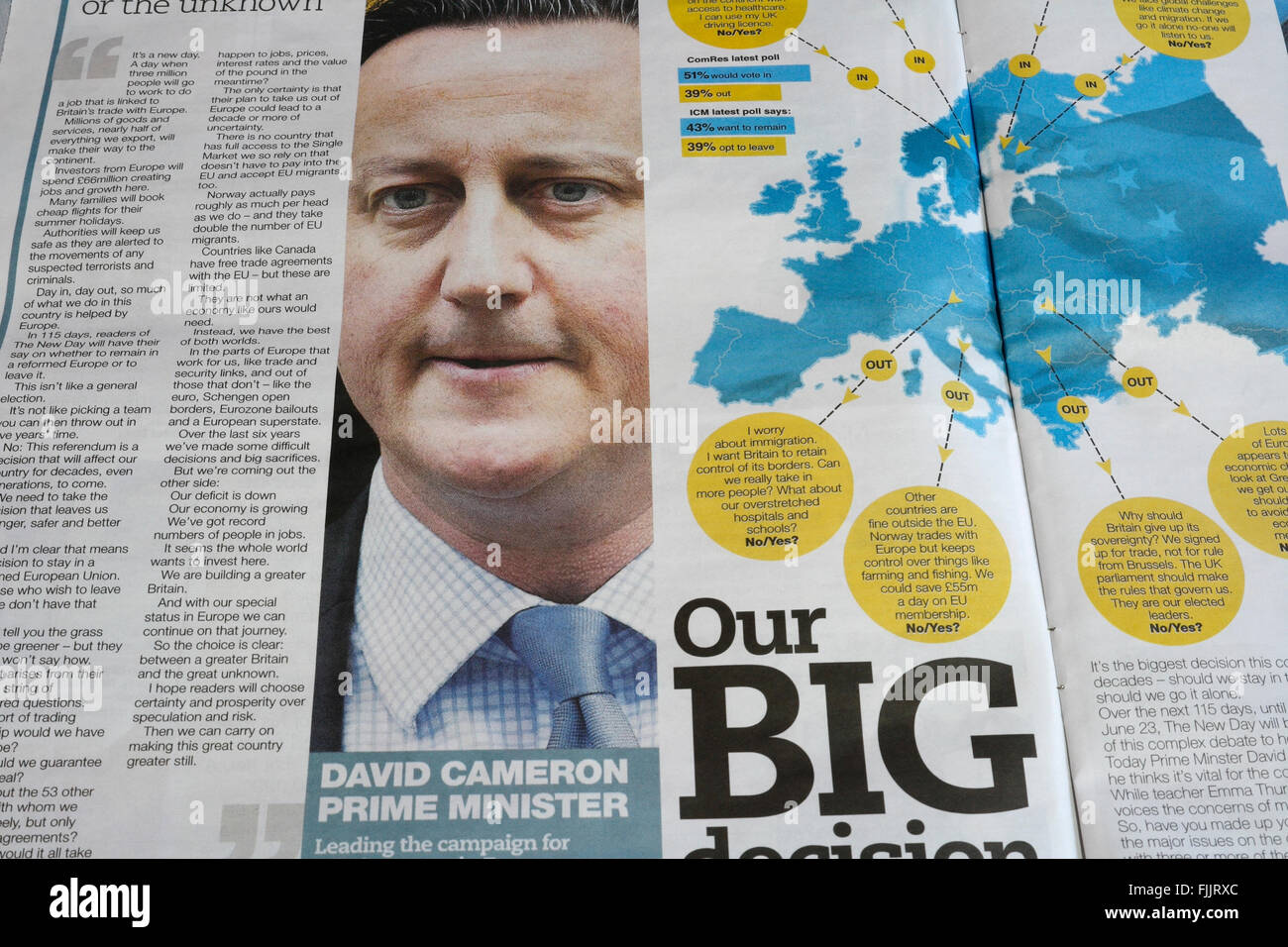 David Cameron Brexit Article in the NewDay newspaper Stock Photo