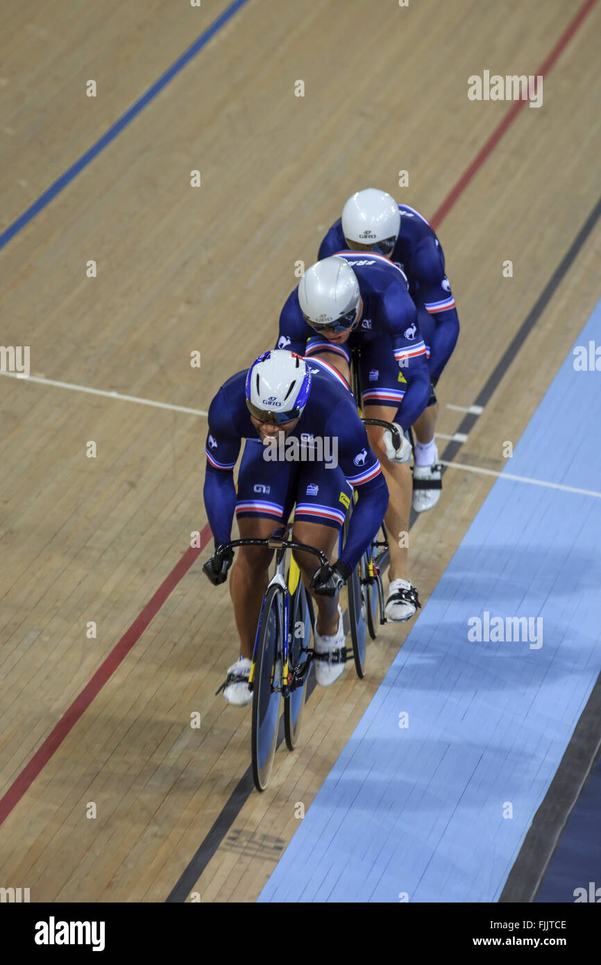 London, UK, 2 March 2016. UCI 2016 Track Cycling World Championships. France, featuring Gregory Bauge (front), Kevin Sireau and Michael D'Almeida, lost to Germany, featuring Rene Enders, Max Niederlag, and Joachim Eilers, in the Bronze Medal Final of the Men's Team Sprint. Credit:  Clive Jones/Alamy Live News Stock Photo