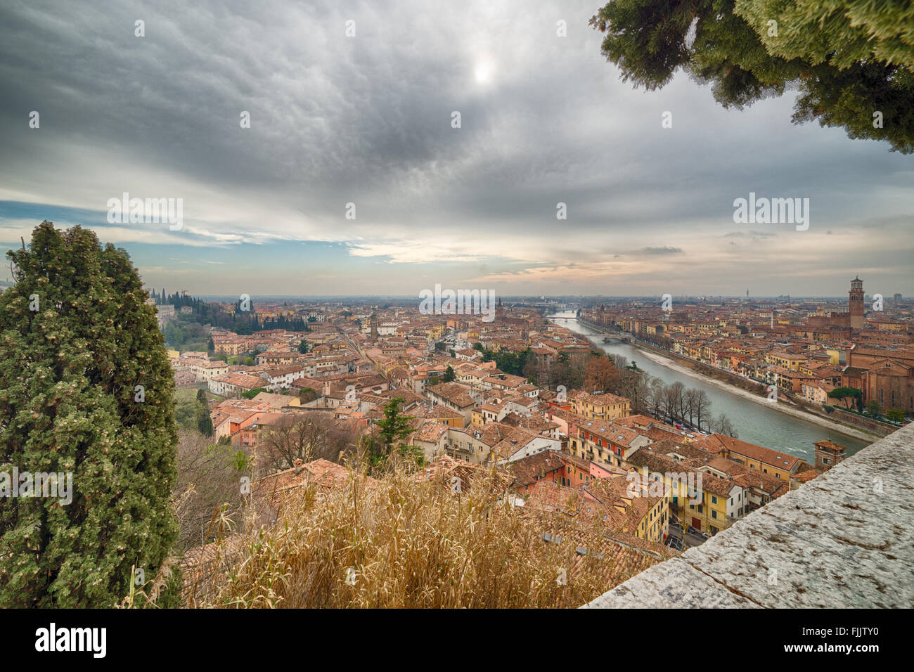the Italian city of Love, Verona behind trees Stock Photo