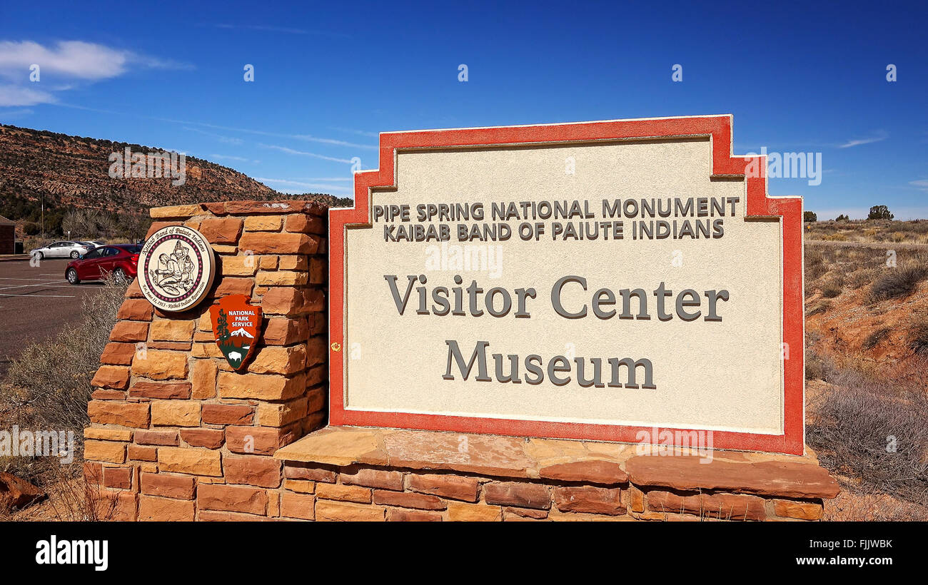 Visitor center and museum sign at entrance to Pipe Spring National ...