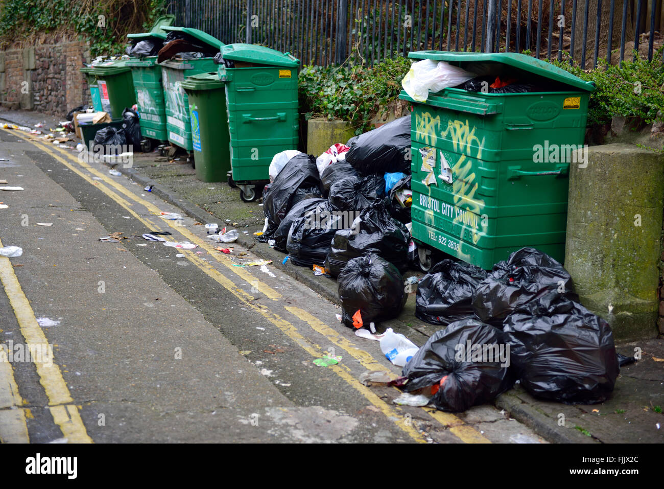 Overflowing bins of rubbish Stock Photo