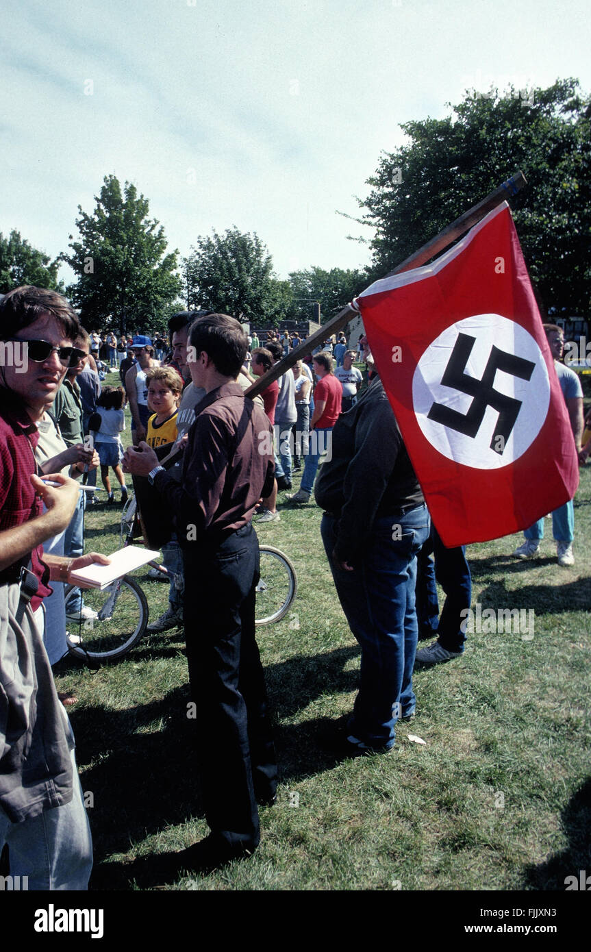 Chicago, Illinois, USA, 29th August, 1988 Fourteen people were arrested, but there were no clashes between groups that gathered separately in Marquette Park on Sunday for a Ku Klux Klan rally and a multiracial gathering to commemorate Martin Luther King Jr., police said. More than 800 police officers, many on horses and some in helicopters, maintained order Sunday as hooded Ku Klux Klansmen preaching white supremacy staged a rally in a south section of the park, while the multiracial group marched and sang on the opposite end of the Southwest Side park. Credit: Mark Reinstein Stock Photo