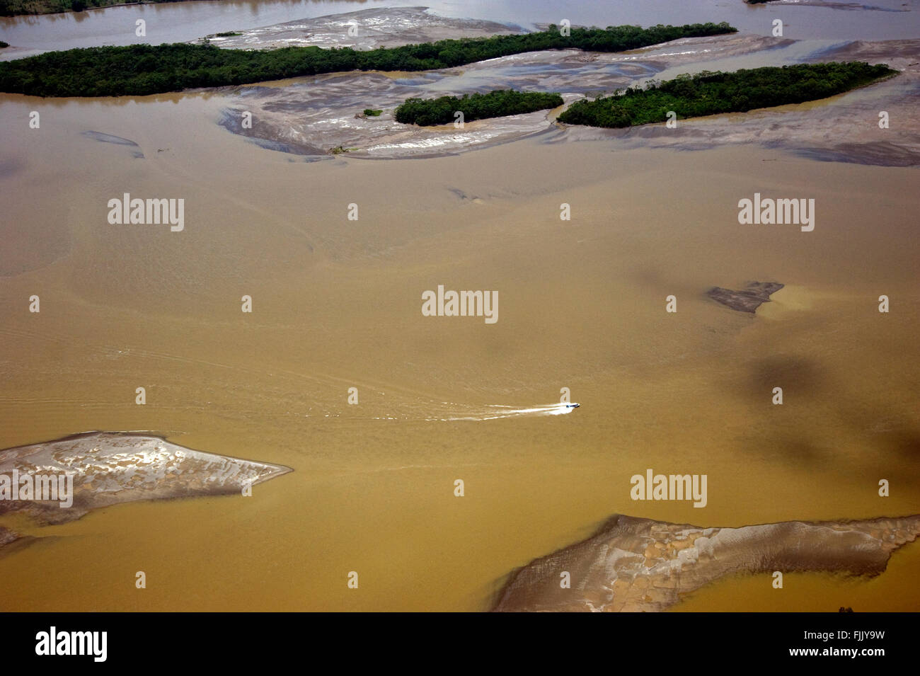 Aerial view of boat on the Amazon river in Ecuador Stock Photo