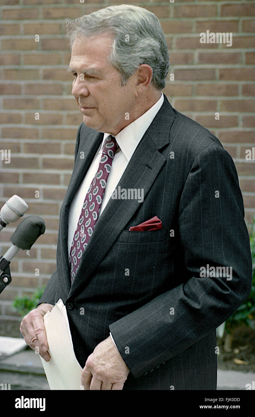 Washington, DC., USA, 24th May, 1992 Pat Robertson talks with reporters outside the CBS studios after his appearance on the Sunday morning talk show ' Face the Nation'  Marion Gordon 'Pat' Robertson is an American media mogul, executive chairman, and a former Southern Baptist minister, who generally supports conservative Christian ideals. He presently serves as chancellor and CEO of Regent University and chairman of the Christian Broadcasting Network. Credit: Mark Reinstein Stock Photo