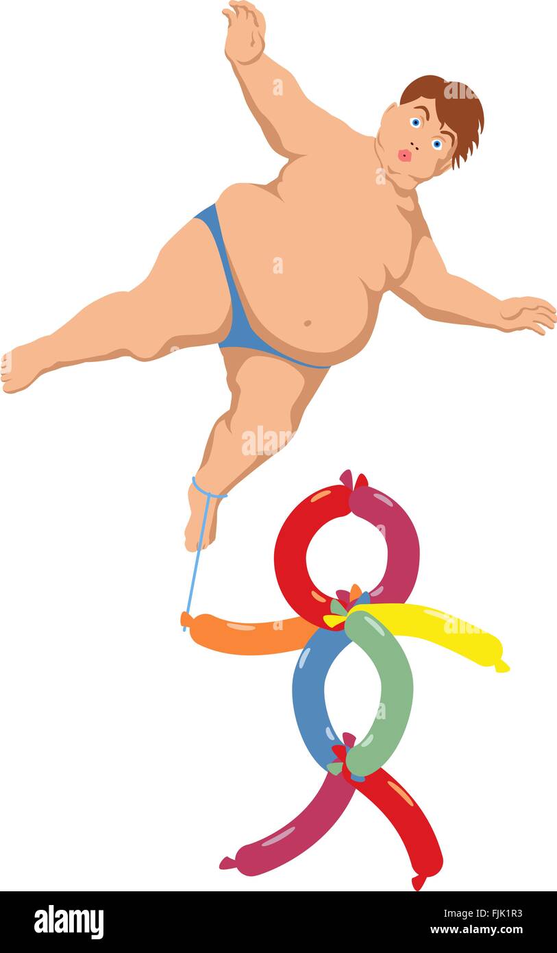 EPS8 editable vector illustration of an obese floating boy carried by a boy made of balloons Stock Vector