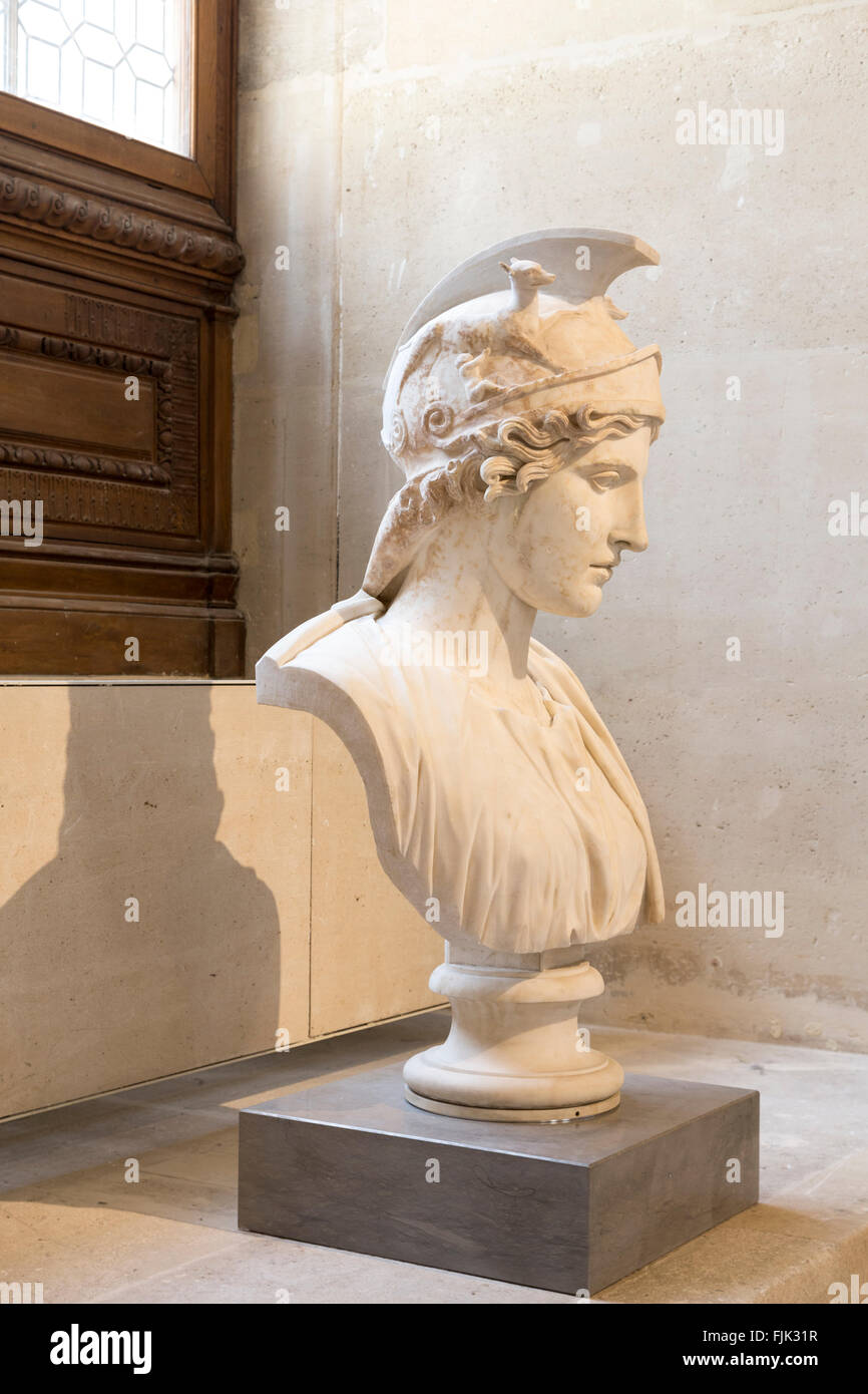 Marble bust in classical sculpture gallery at the Louvre Museum, Paris