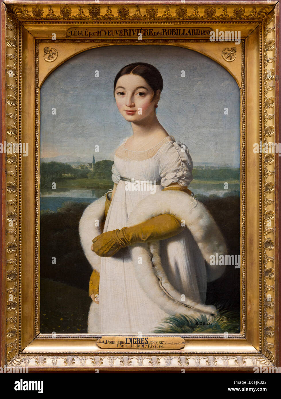 Oil painting 'Portrait of Mademoiselle Rivière' by Dominique Ingres displayed in a gilded frame, Louvre Museum, Paris, France Stock Photo