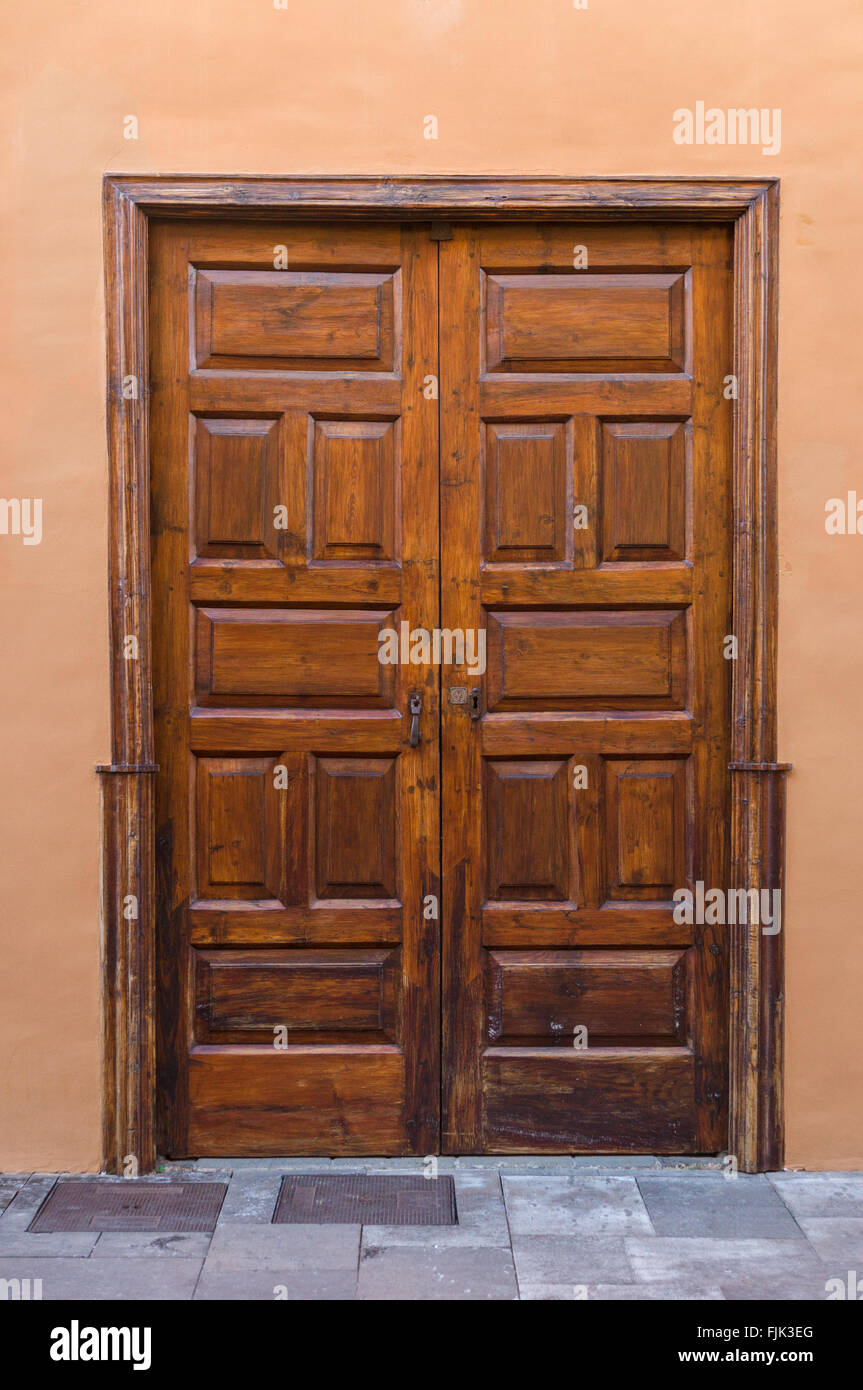 Outdoor wooden varnished brown door, vertical view Stock Photo Alamy