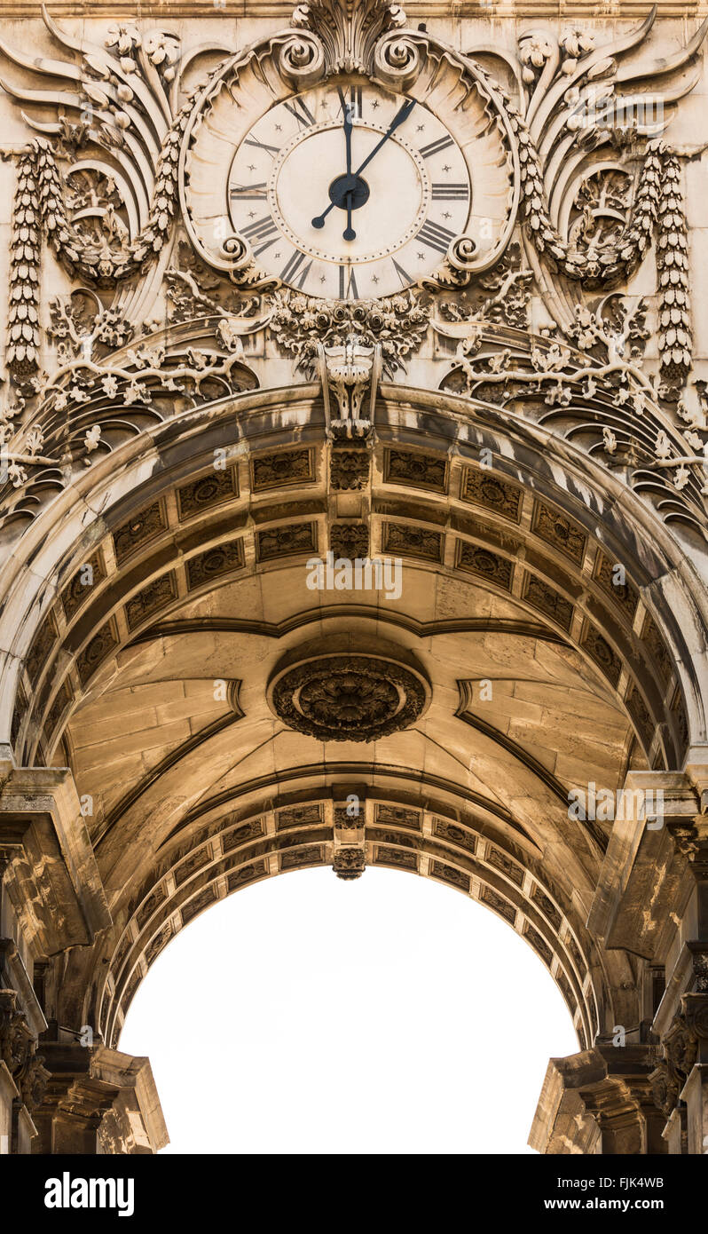 Detail of ornate clock on the famous Rua Augusta arch, Lisbon, Portugal. European historic architecture travel landmarks. Stock Photo