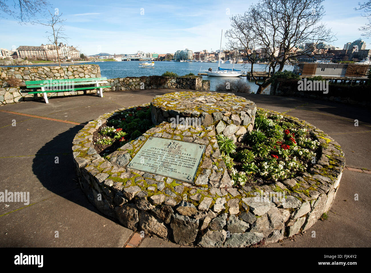 Monument at Centennial 71 Park near David Foster Harbour Pathway- Victoria, Vancouver Island, British Columbia, Canada Stock Photo