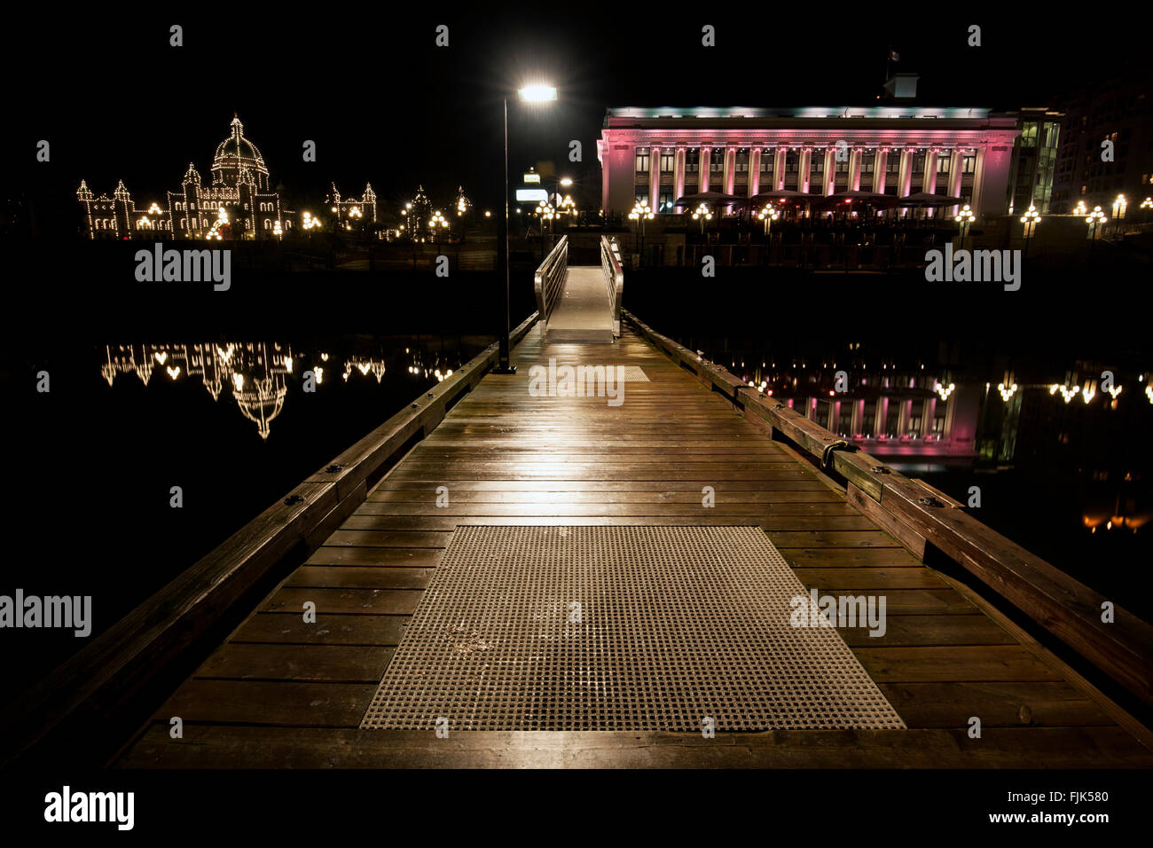 Steamship Terminal and Victoria Harbour at night - Victoria, Vancouver Island, British Columbia, Canada Stock Photo