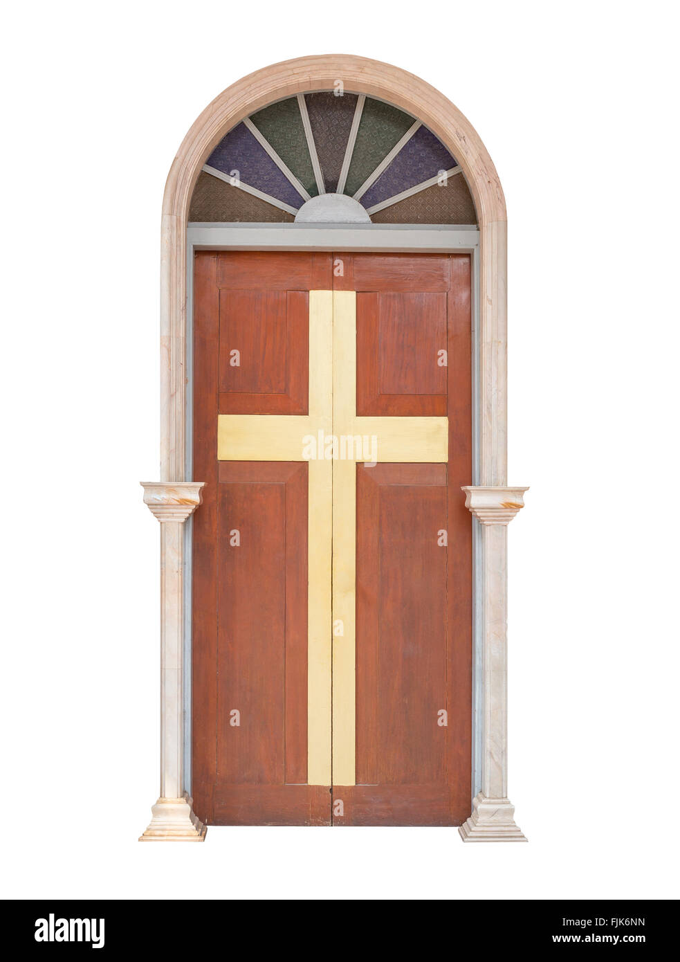 wood door with cross isolated on white background, clipping path, stone