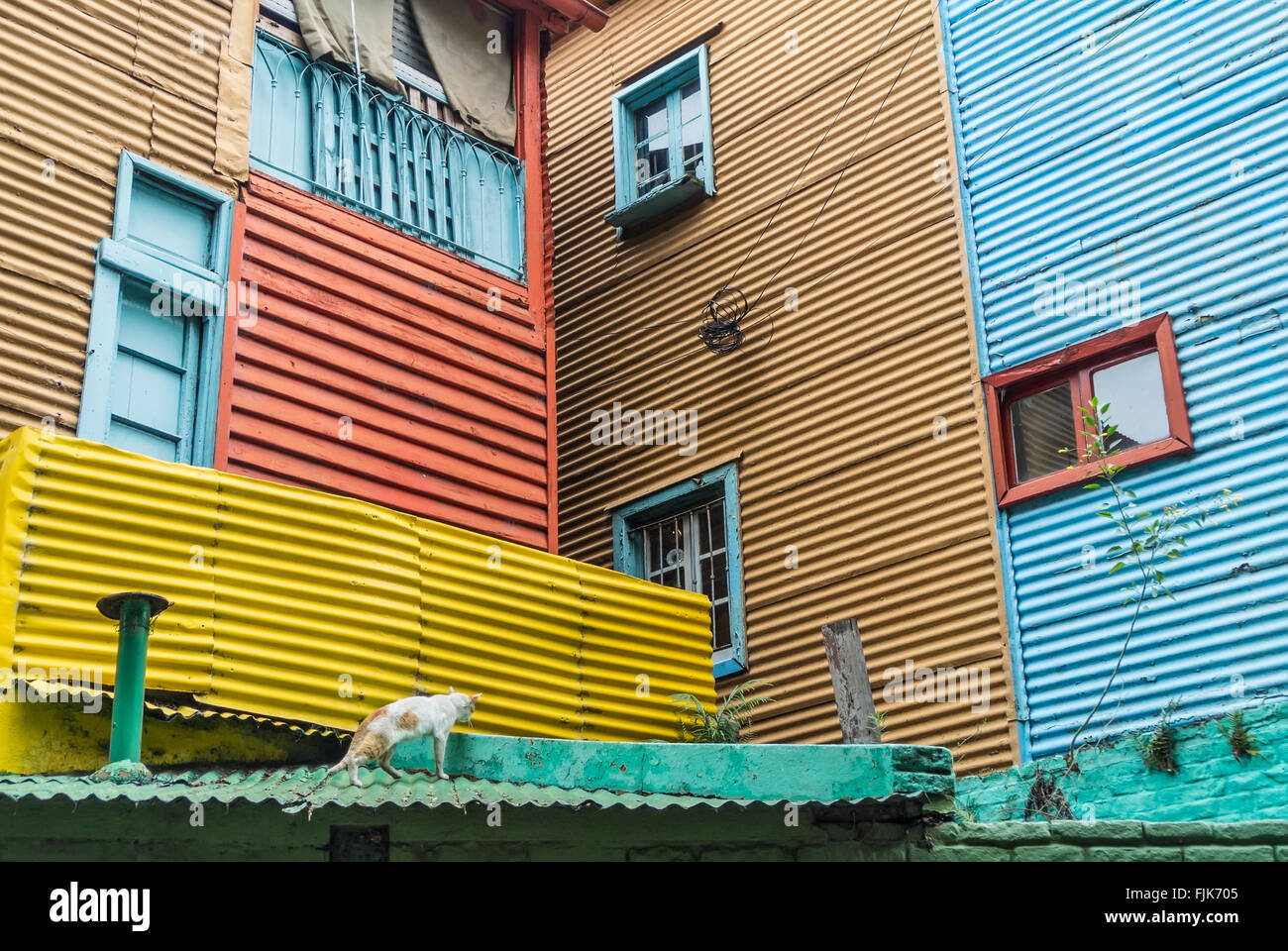 Shot of the facade of a building in Caminito, the famous and popular pedestrian strip in the neighbourhood of La Boca. Stock Photo