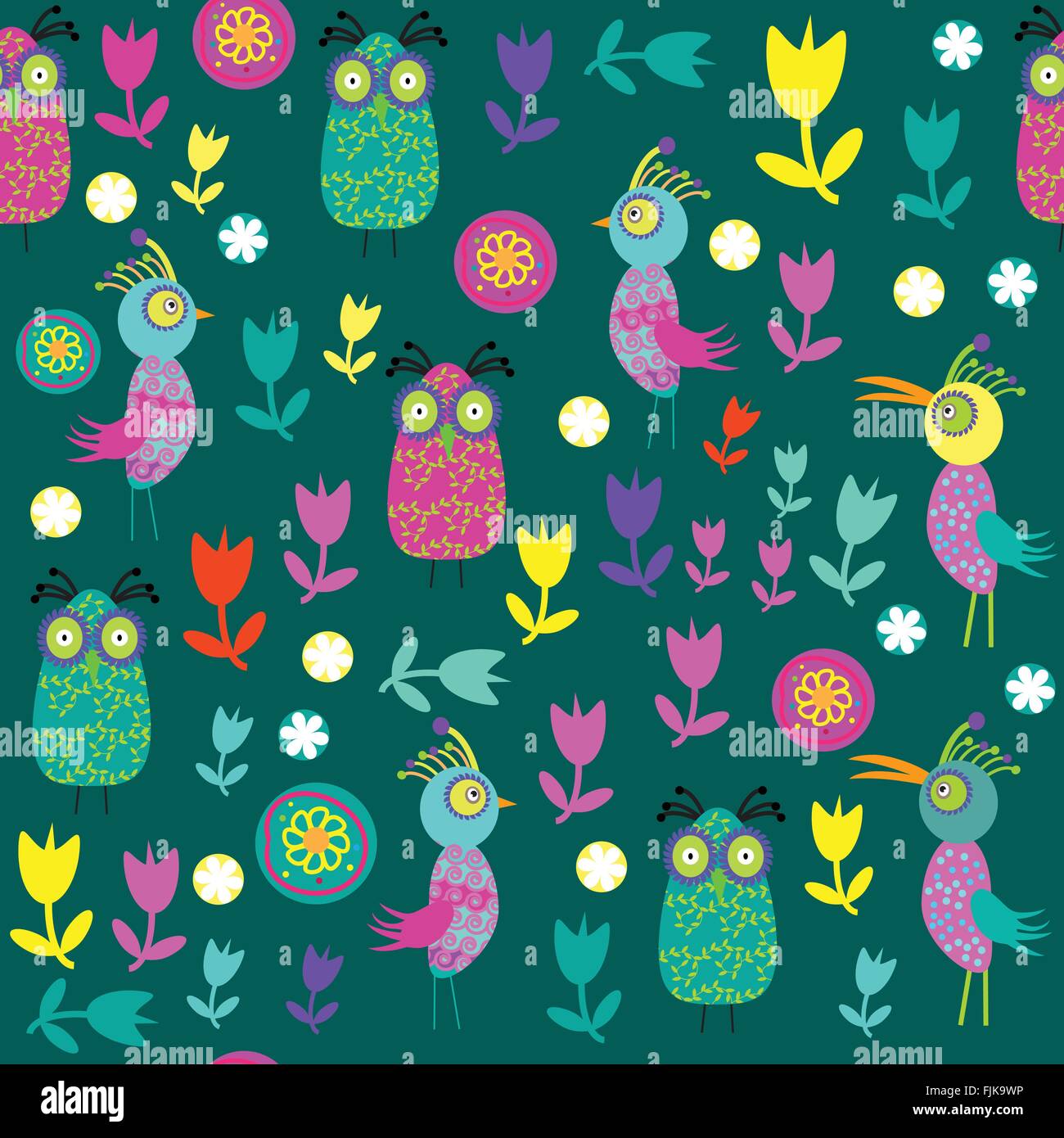 Vector cute seamless pattern with cartoon bird and flower and seamless ...