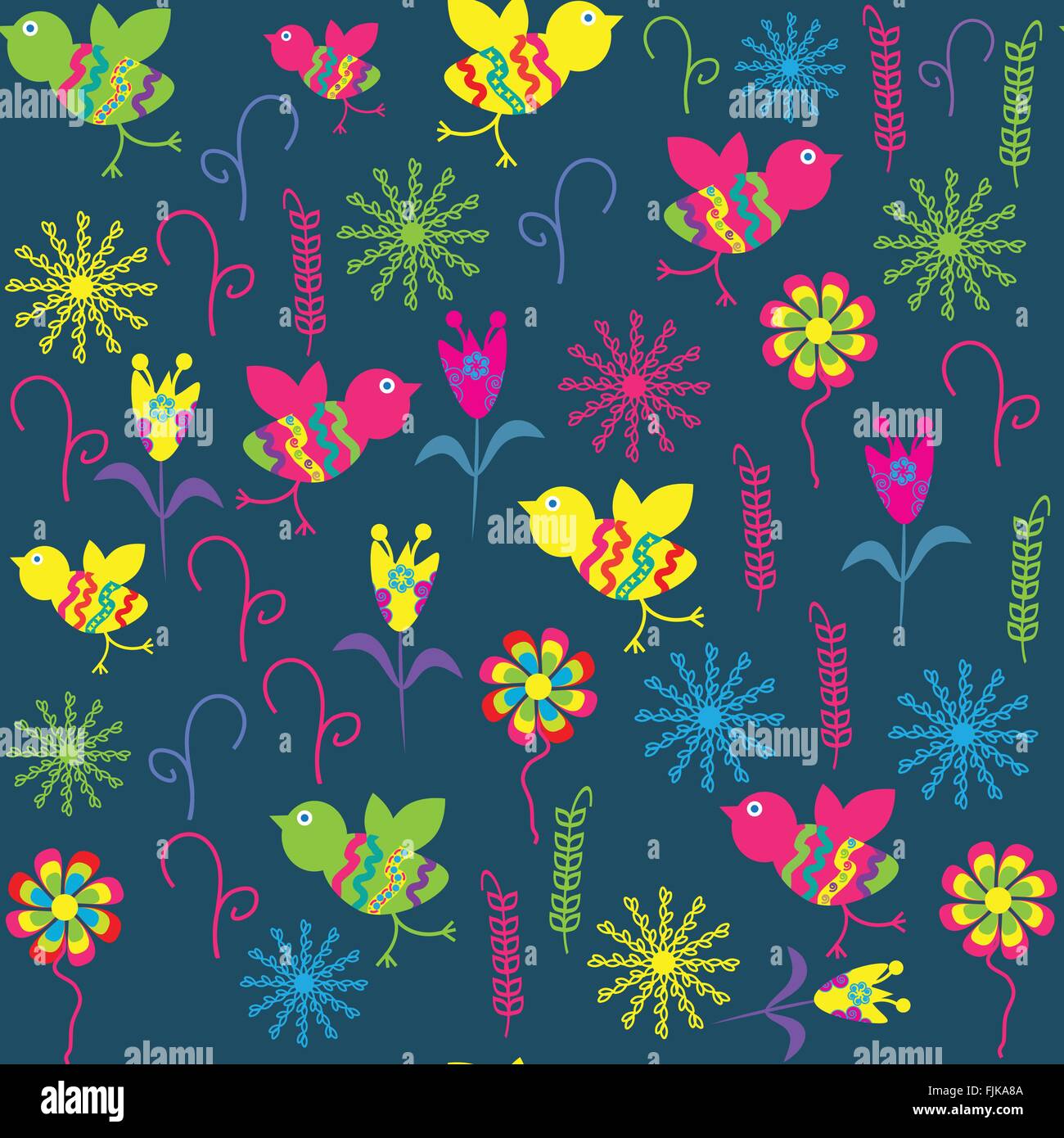 Vector cute seamless pattern with cartoon bird and flower and seamless ...