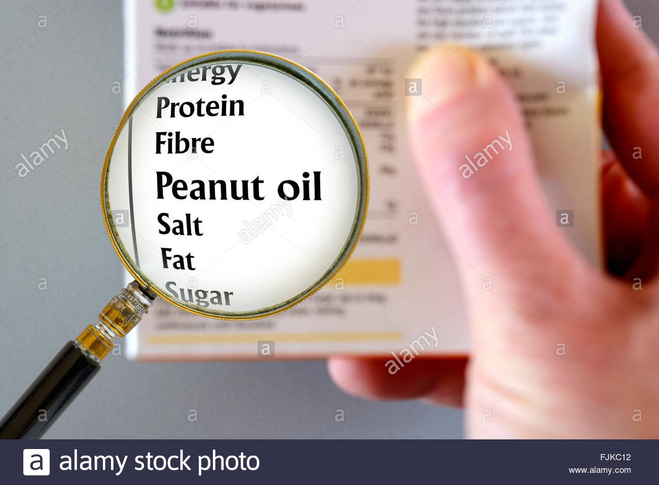 Peanut oil highlighted in nutrition list, Dorset, England, UK Stock