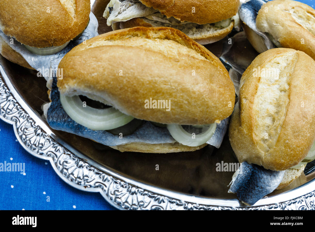 German Finger Food bread rolls with herring Stock Photo Alamy