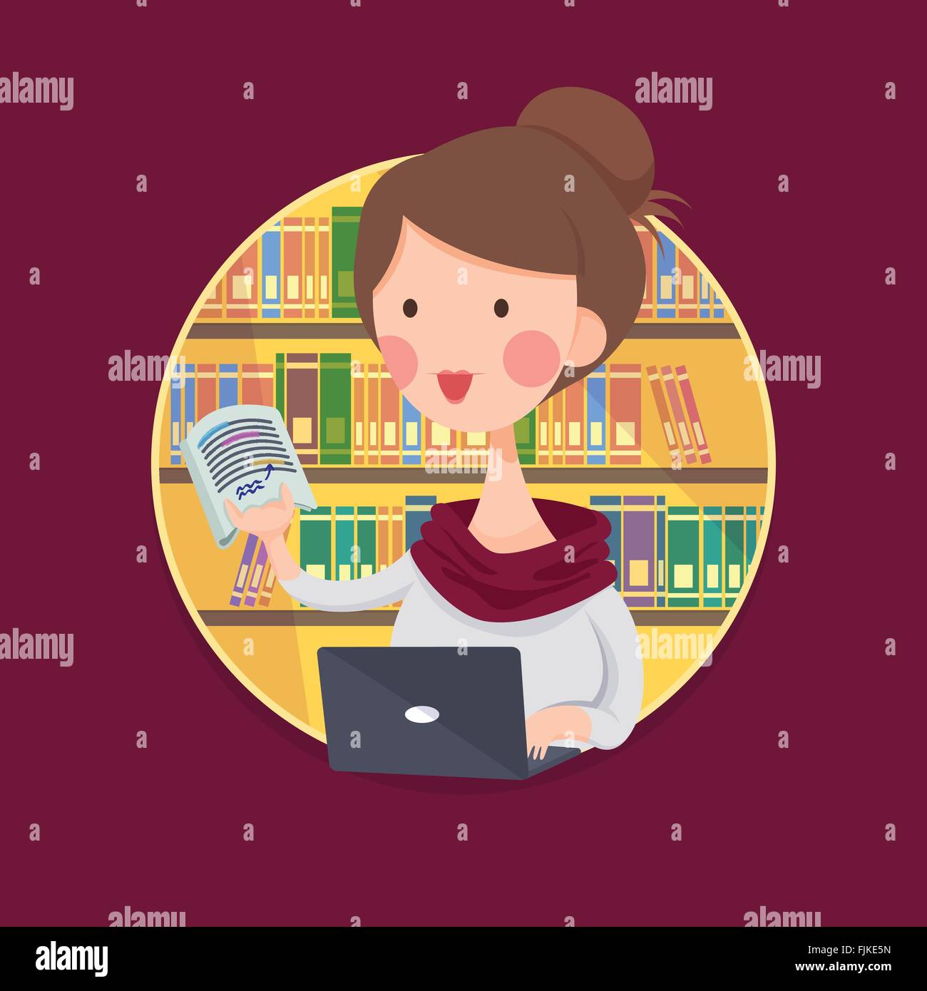 Vector Illustration of a College Girl Student Studying in Library, Cartoon Character Stock Vector