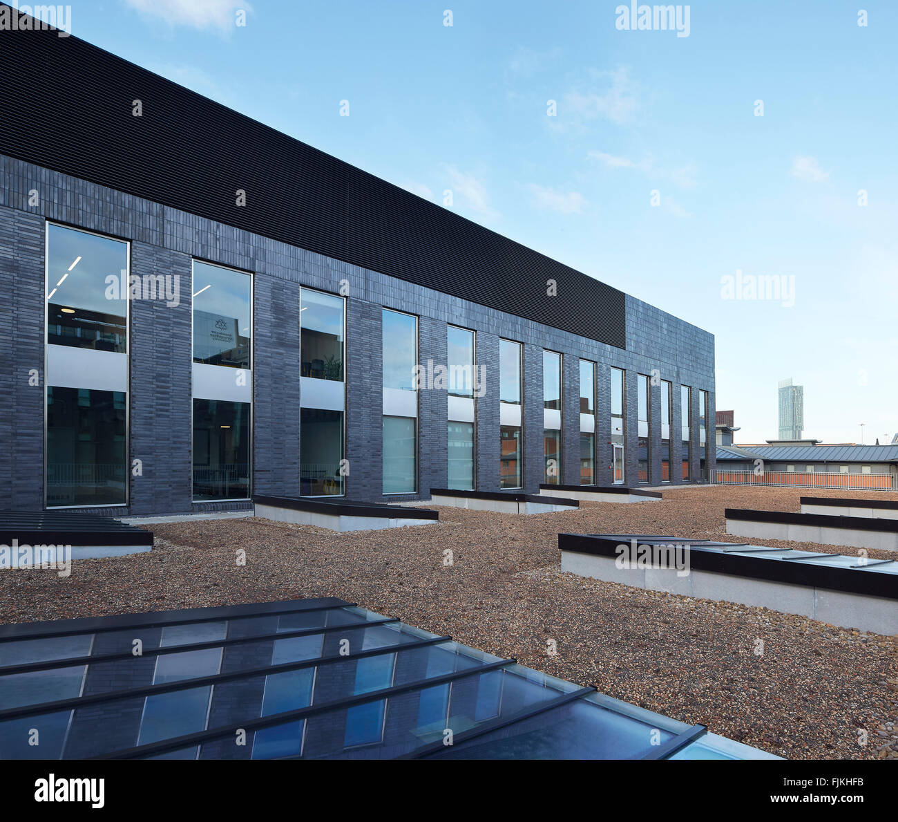 View of sedum roof with skylights. MMU Student Union, Manchester, United Kingdom. Architect: Feilden Clegg Bradley Studios LLP, Stock Photo
