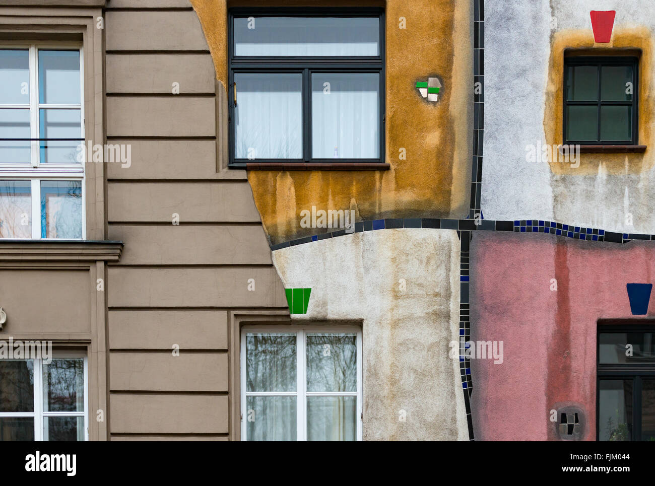 Details of Hundertwasser house in Vienna, Austria. Tourist attraction, unusual building. Europe travel. Stock Photo