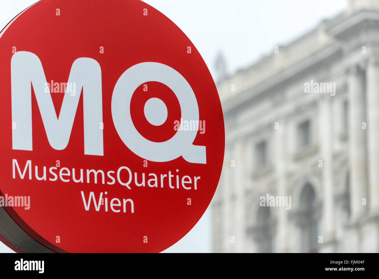 Red and white sign of Museumsquartier in Vienna, Austria. City district full of museums and exhibitions. Europe travel. Stock Photo