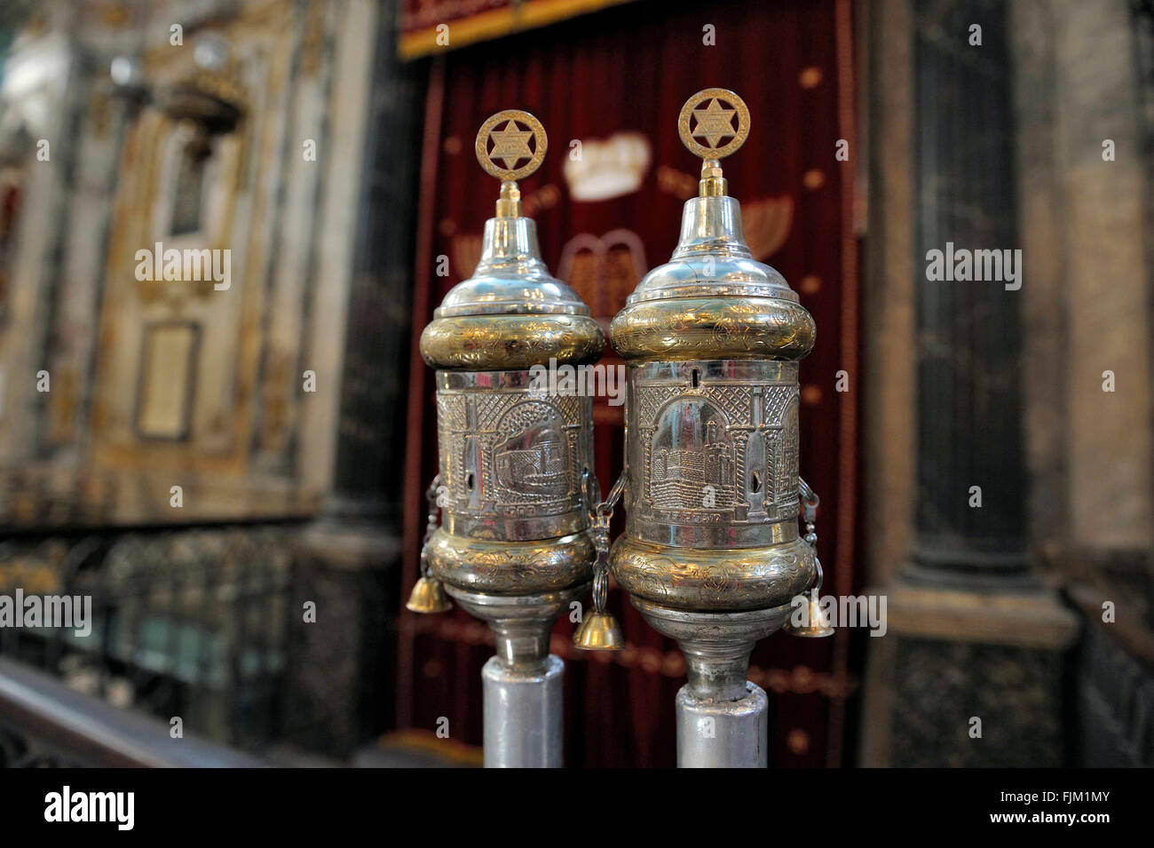 silver rimonims in the synagogue of Carpentras,France. Focused at the right rimonim. Stock Photo