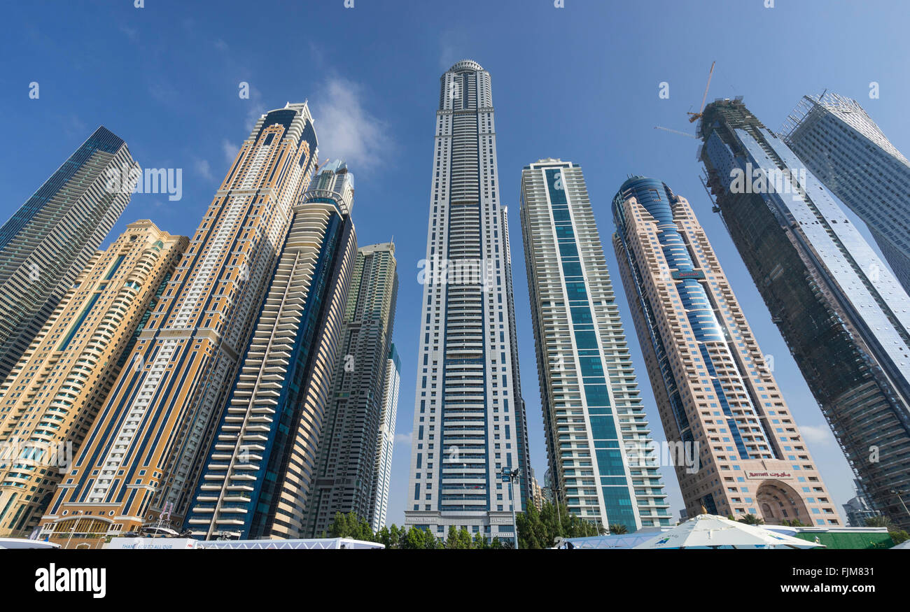 Daytime skyline of many modern skyscrapers in Marina district of Dubai United Arab Emirates Stock Photo