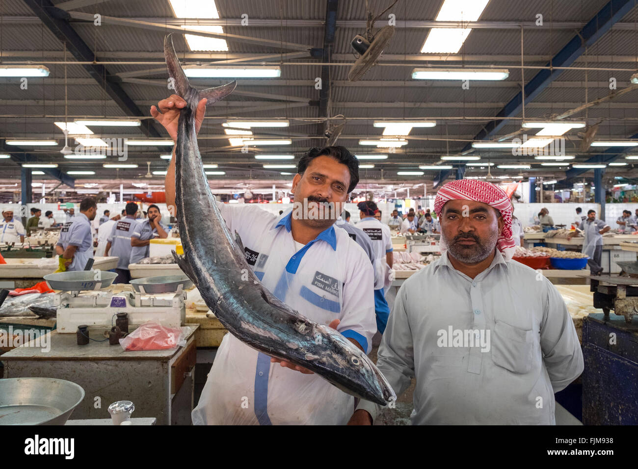 Fish market worker holding a large Kingfish at Dubai fish market in Deira United Arab Emirates