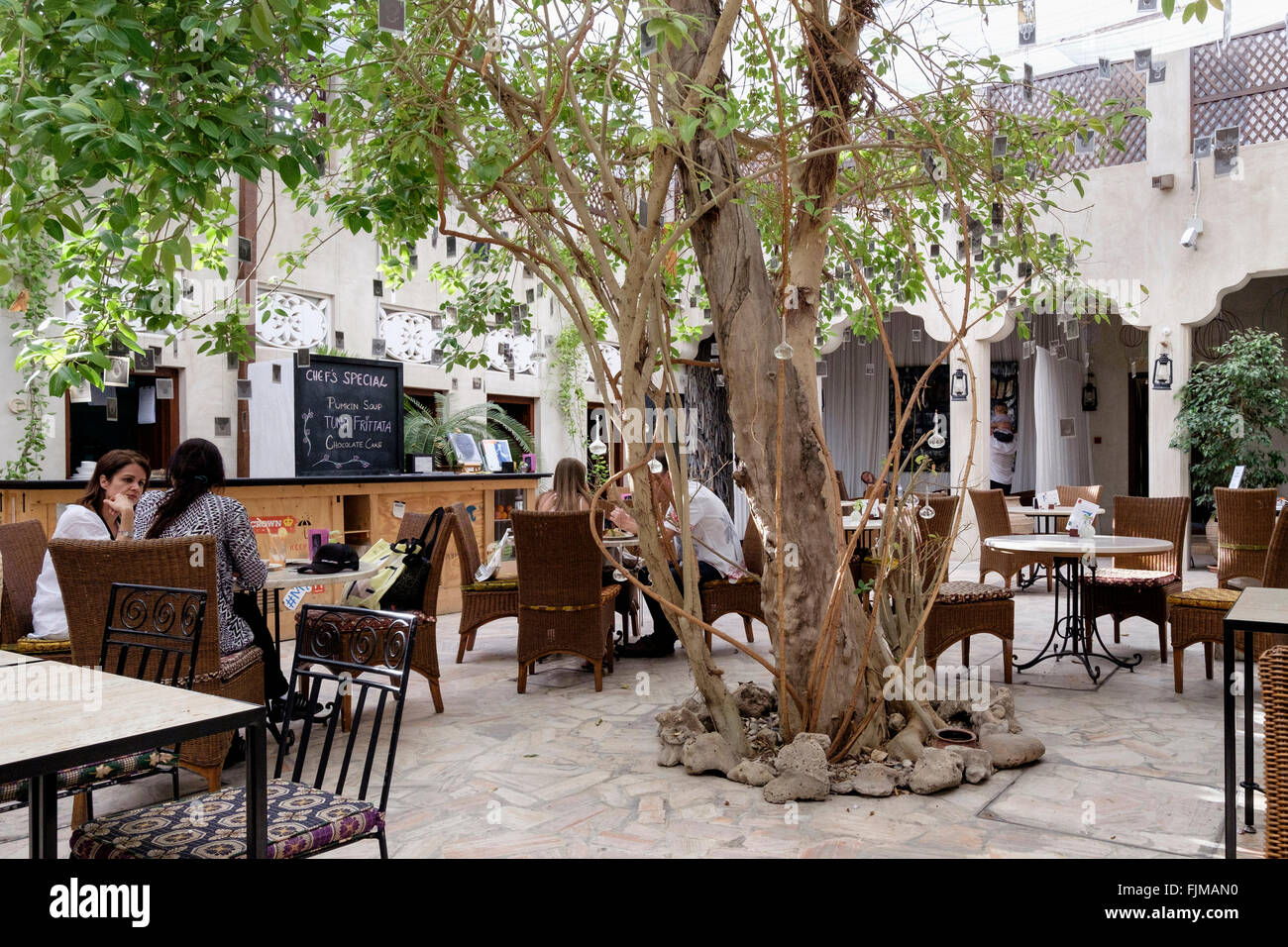 Courtyard cafe at XVA gallery in Bastakiya old district of Dubai United Arab Emirates Stock Photo