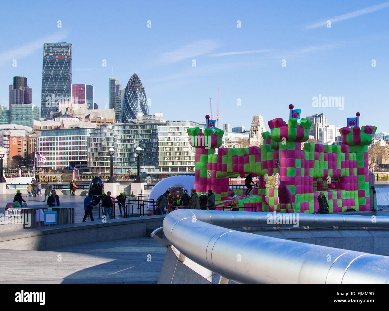 More London Place, London, UK. March 3rd 2016. A jelly-themed, adults-only bouncy castle which has been created to celebrate the launch of Candy Crush Jelly Saga, opens on London’s Southbank. The multi-sensory bouncy castle especially designed for grown-ups,  marks the latest instalment of the new mobile game, Candy Crush Jelly Saga. The bouncy castle brings to life elements of the jelly-themed game and will be open to the public for free. Credit:  Paul Davey/Alamy Live News Stock Photo