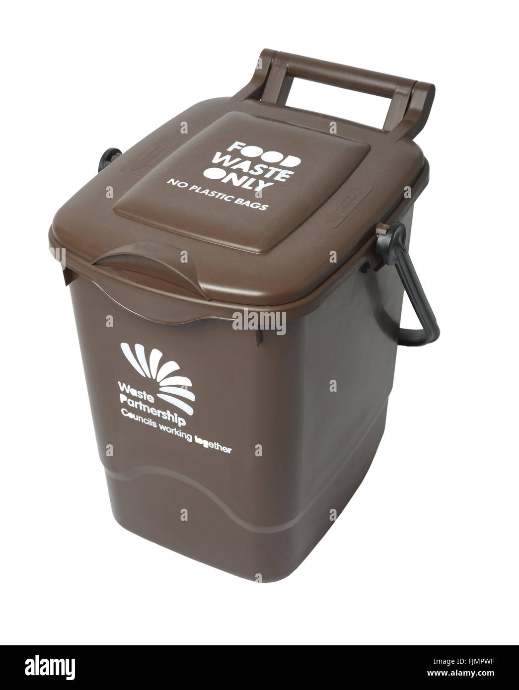 Food waste bin, cut out of brown recycling bin for food waste, UK Stock Photo