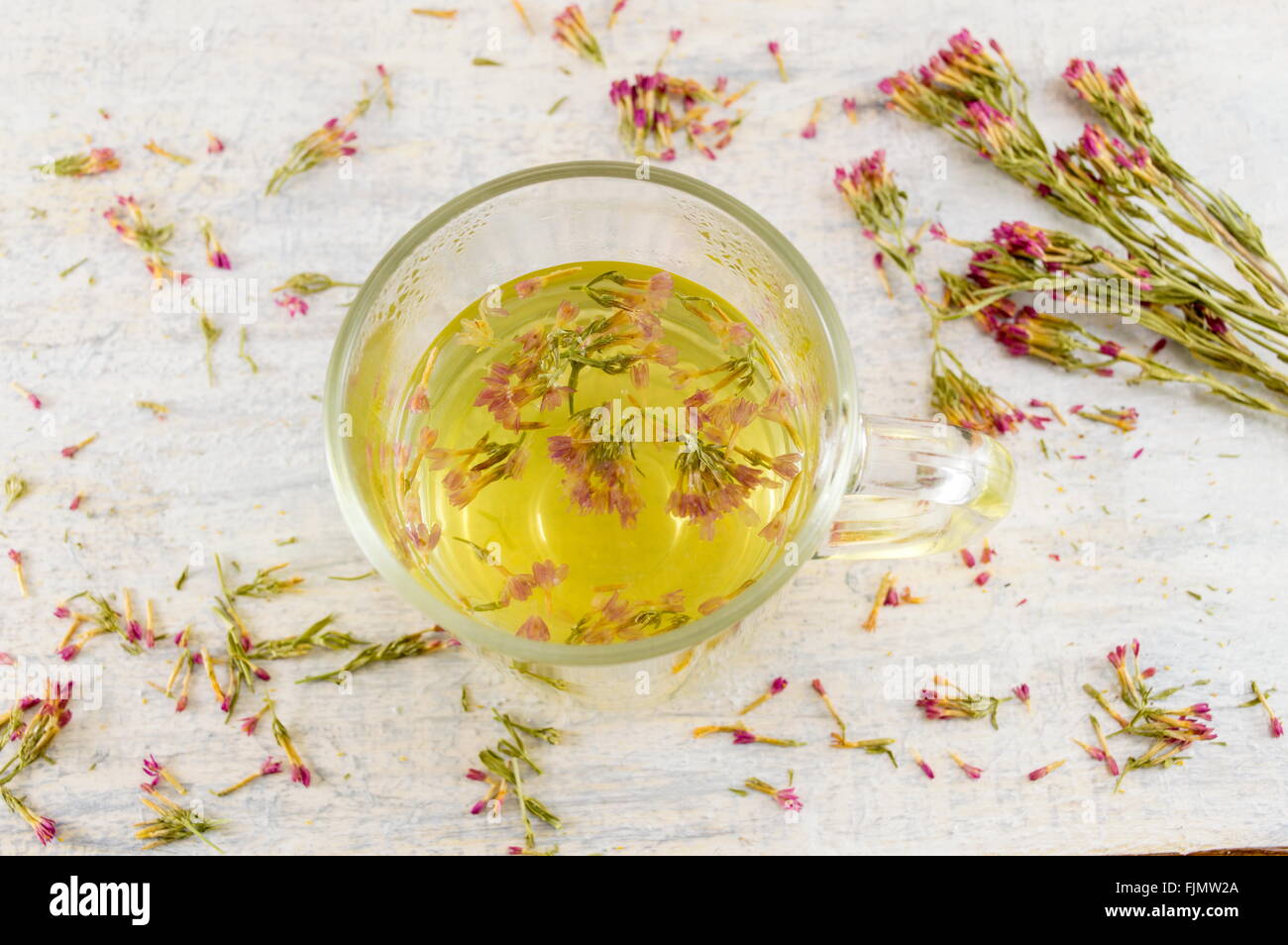 Hot bitter-grass tea in a teacup on a decorated table Stock Photo
