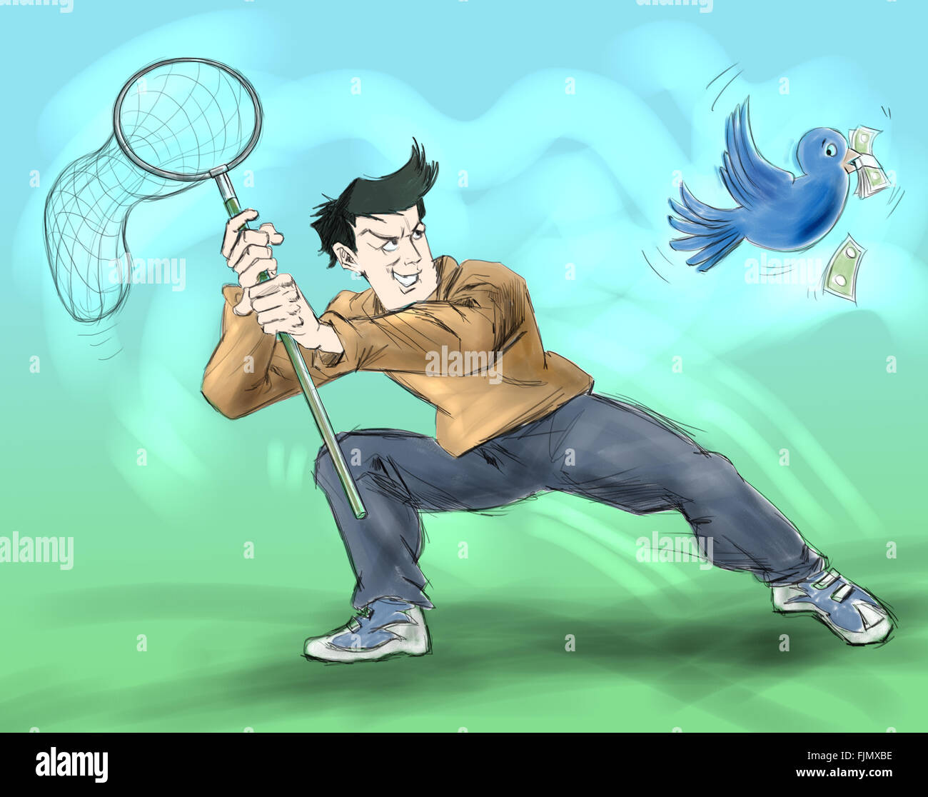 A Man Tries To Catch A Bird With Money In Its Mouth With A Net Stock Photo Alamy