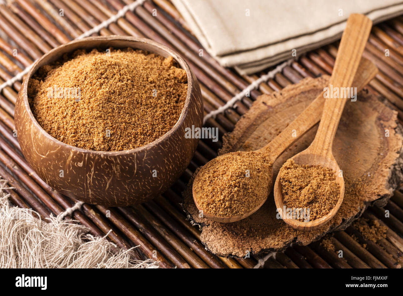 Coconut palm sugar in a bowl Stock Photo