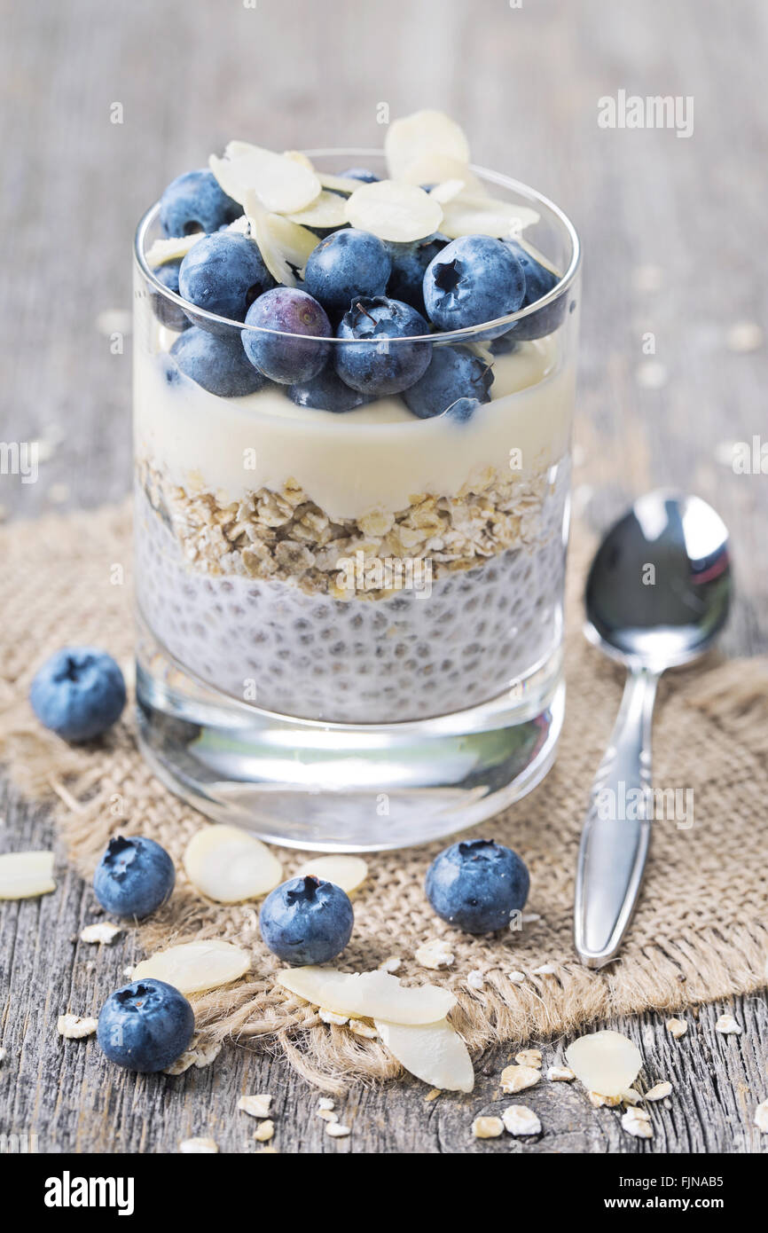 Chia seeds pudding with  blueberries Stock Photo