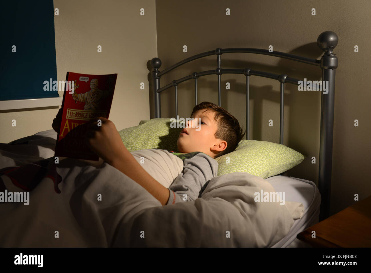 Boy reading in bed, child reading a book lying in his bed, bedtime story, bedtime read Stock Photo