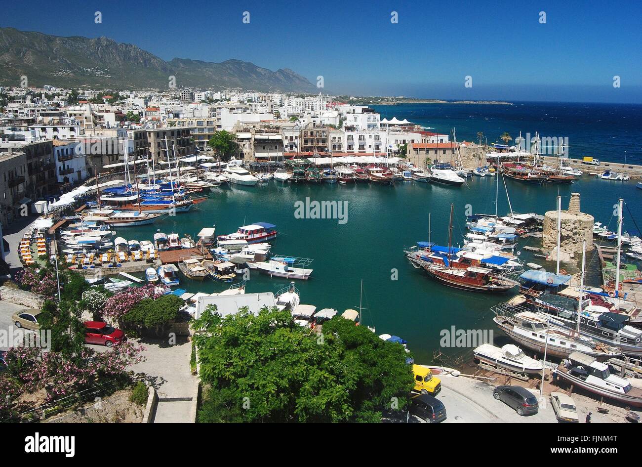 KYRENIA, CYPRUS – MAY 25. View over the Old Harbour in Kyrenia (Girne), Cyprus on May 25, 2013. Stock Photo