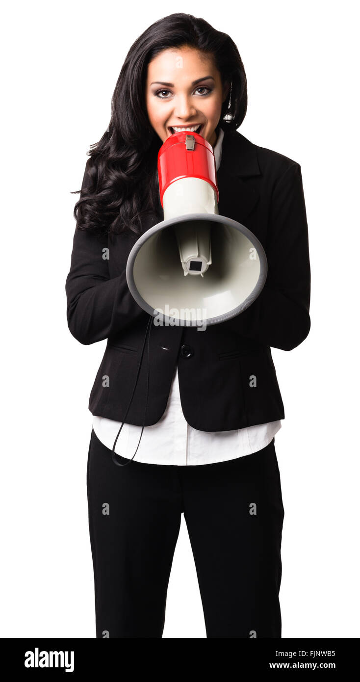 Latin Businesswoman with bullhorn on white background Stock Photo