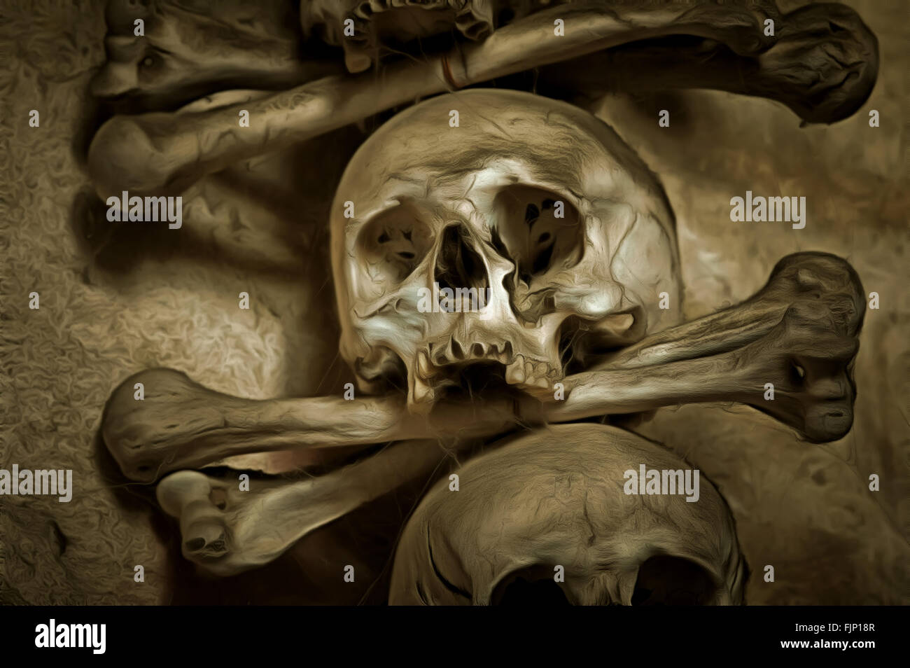 Human skull and bones - mixed media Stock Photo