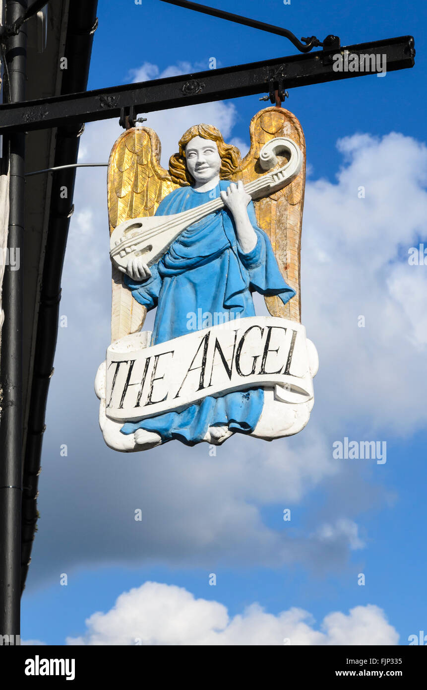The traditional pub sign of The Angel pub, Lavenham, Suffolk, England, UK. Stock Photo