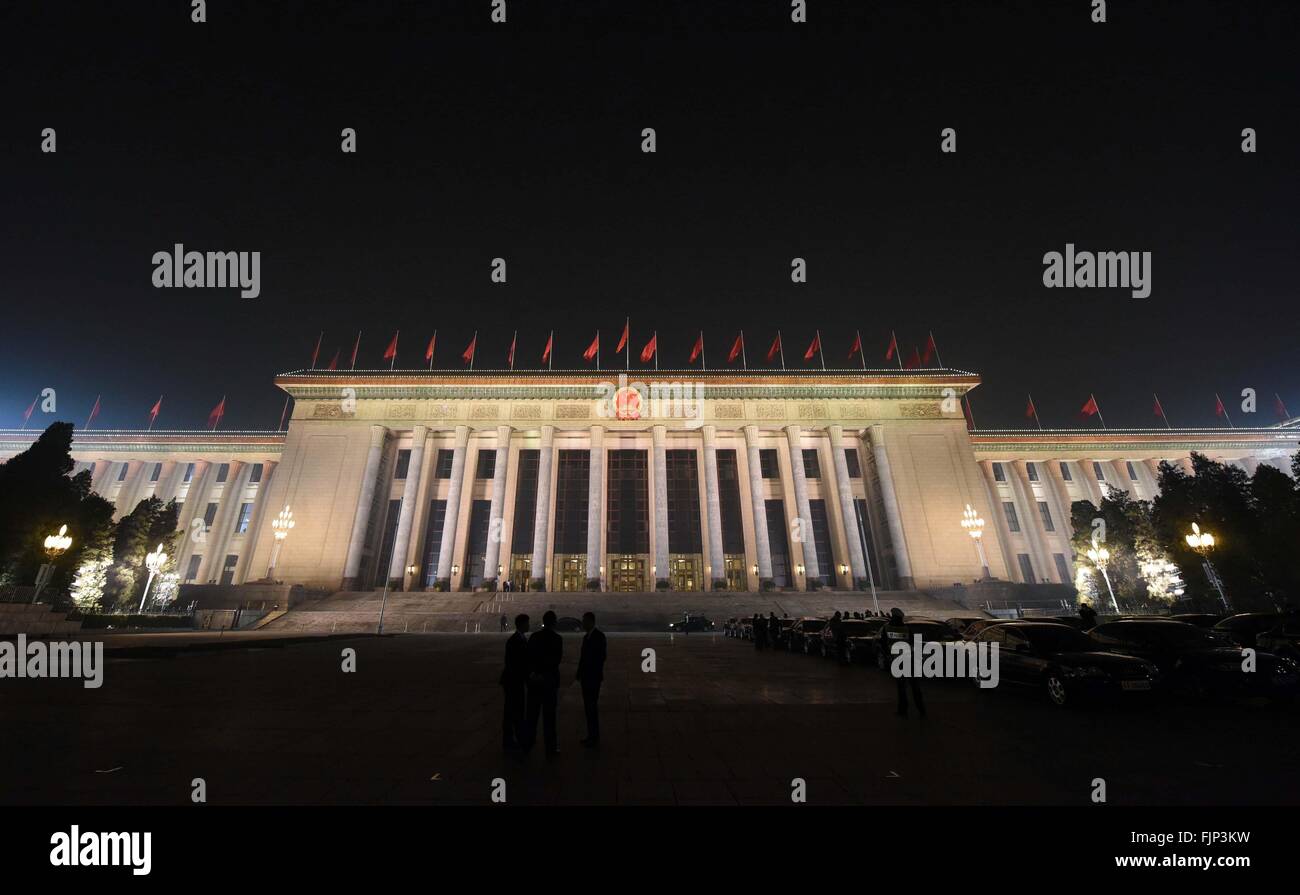 Beijing, China. 3rd Mar, 2016. Photo taken on March 3, 2016 shows the illuminated Great Hall of the People in Beijing, capital of China. According to the Municipal Commission of City Administration and Environment, landscape lighting of buildings on the Tian'anmen Square and along the Chang'an Avenue will be lit up from 6:25 p.m. to 11 p.m. between March 3 to 6 as in major festivals. © Chen Yehua/Xinhua/Alamy Live News Stock Photo