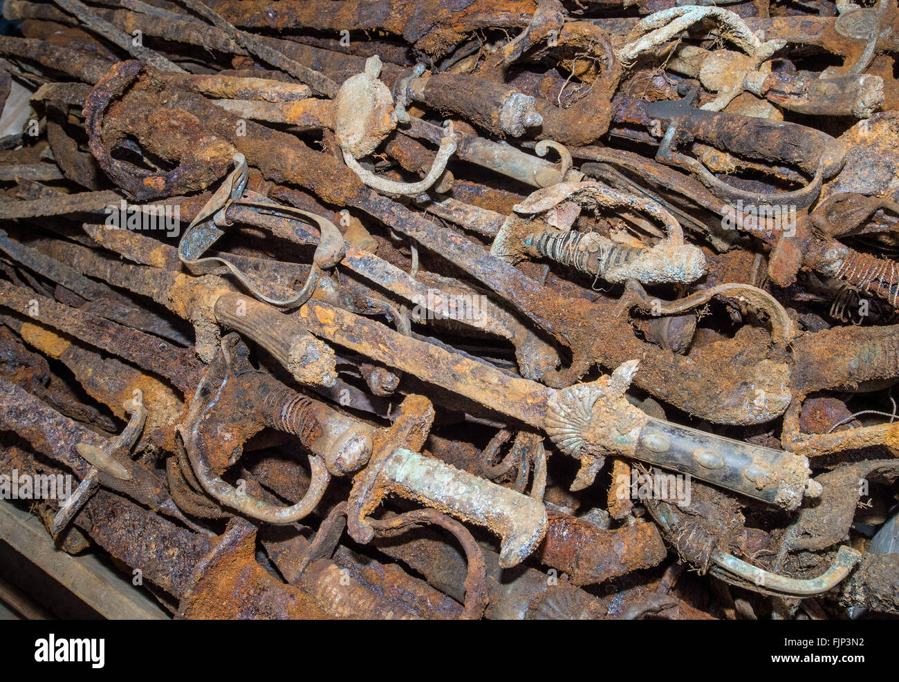 Cottbus, Germany. 03rd Mar, 2016. Heavily rusted historical swords and